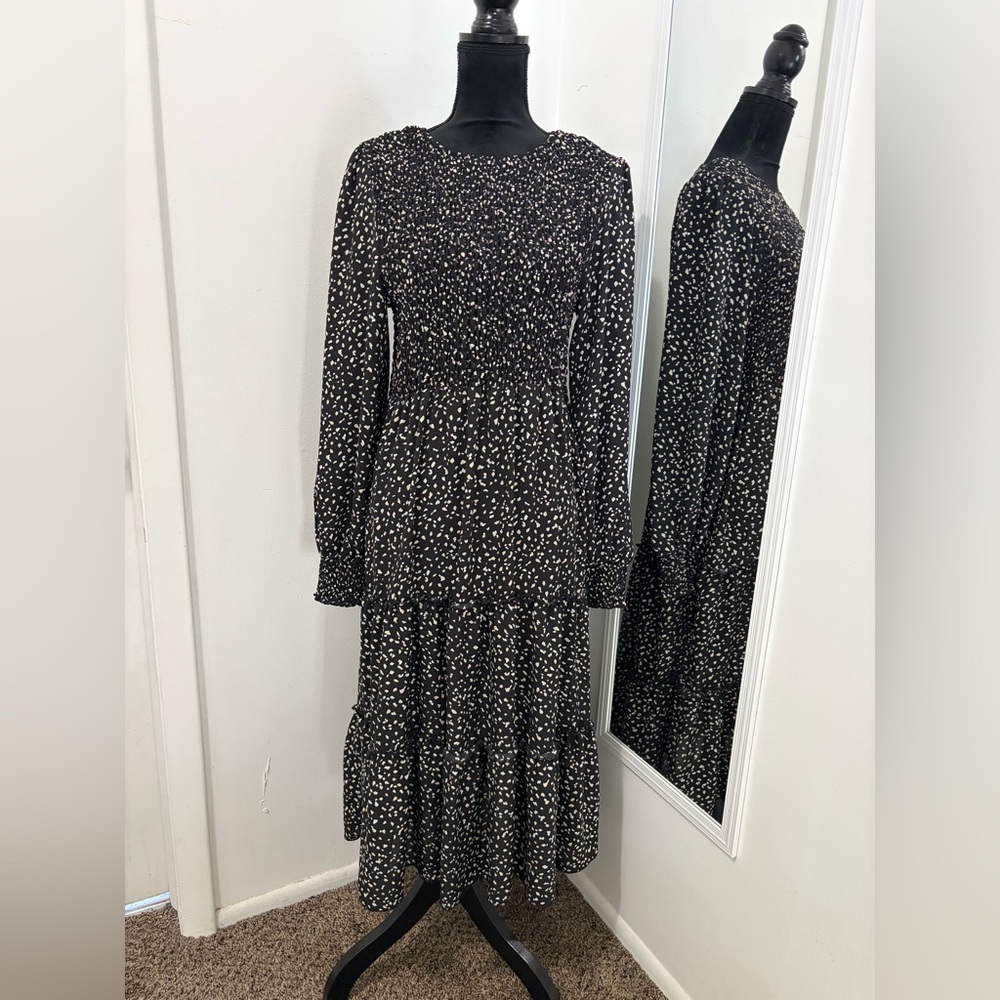 Black Long-Sleeve Smocked Midi Dress with White Dot Print